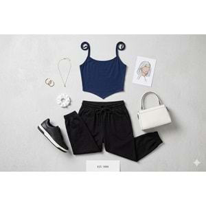 Essential Basic Strap Crop -Kendinden Sütyenli Basic Üst - LACİVERT - L