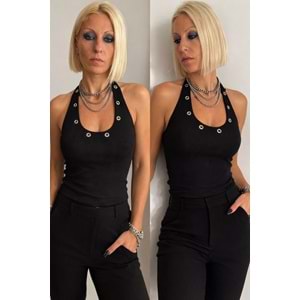 Halter Yaka Straplez Zımba Detay Kaşkorse Kolsuz Body