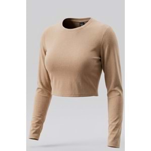 Monaco Basic Crop Bluz Uzun Kol Modal Pamuk - BEJ - L