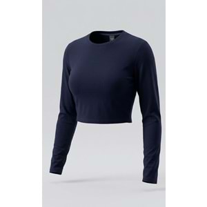Monaco Basic Crop Bluz Uzun Kol Modal Pamuk - LACİVERT - M