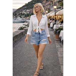 Yırtık Püskül Detay Mini Kot Şort - BLUE JEAN - M
