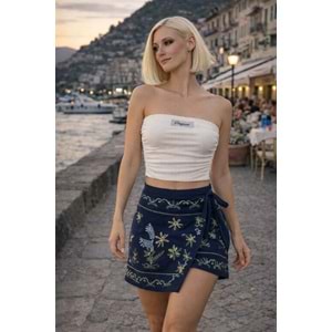 Büzgü Drape Detay Straplez Bluz - Kendinden Destekli - EKRU - L