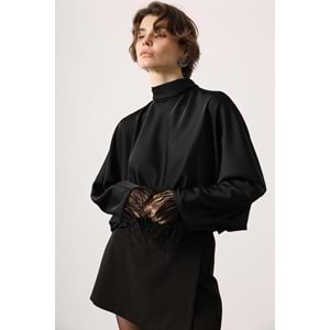 Luxe Knot Sırt Bağlama Kol Otriş Detaylı Saten Bluz - Kahve - SİYAH - L
