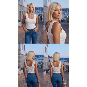 Çiçek Aplike Güpür Detaylı Kaşkorse Bluz - Atlet - BEYAZ - L