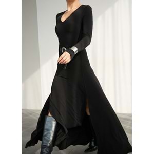 Midnight Black Diva Çift Yırtmaçlı Maxi Boy Elbise - SİYAH - L