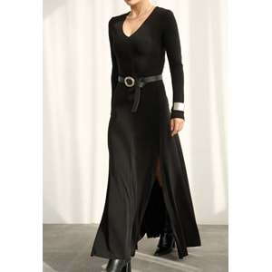 Midnight Black Diva Çift Yırtmaçlı Maxi Boy Elbise - SİYAH - L