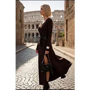Midnight Black Diva Çift Yırtmaçlı Maxi Boy Elbise - Acı Kahve - L
