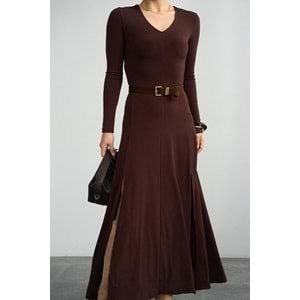 Midnight Black Diva Çift Yırtmaçlı Maxi Boy Elbise - Acı Kahve - L