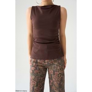 Acı Kahve Kolsuz Yandan Bel Büzgü Detaylı Bluz - Acı Kahve - L