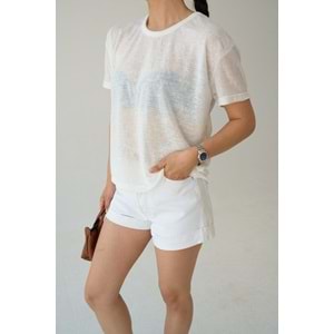 Beyaz Renk Transparan Yarım Kol Bluz - Pamuklu - EKRU - L