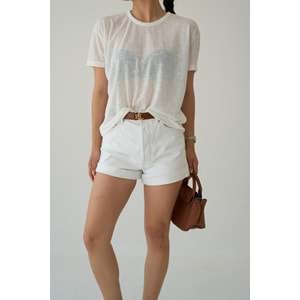 Beyaz Renk Transparan Yarım Kol Bluz - Pamuklu - EKRU - L