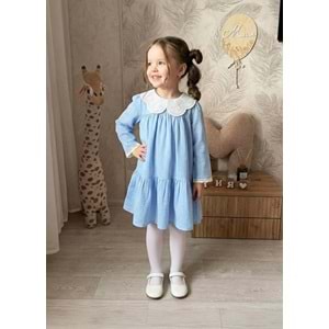 Kız Çocuk Bebe Yaka Mavi Elbise / Yaka Detay Dokuma Elbise - MAVİ - 2-3 YAŞ