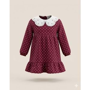 Kız Çocuk Bordo Beyaz Puantiye Elbise - BORDO - 3-4 YAŞ