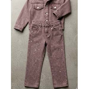 Kız Çocuk Serpme Taş Parıltı Detaylı Taşlama Denim Set Alt Üst Takım