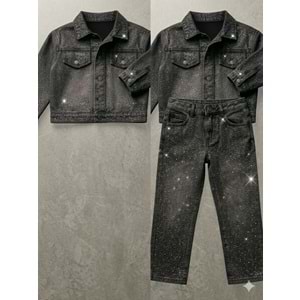 Kız Çocuk Serpme Taş Parıltı Detaylı Taşlama Denim Set Alt Üst Takım - SİYAH - 4-5 YAŞ