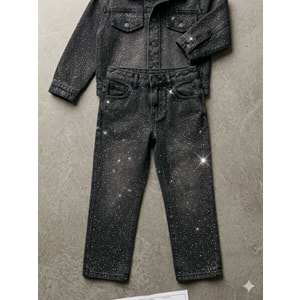 Kız Çocuk Serpme Taş Parıltı Detaylı Taşlama Denim Set Alt Üst Takım - SİYAH - 4-5 YAŞ