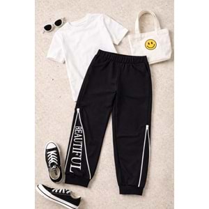 Beatiful Yazı - Fermuar Paça Detaylı Kız Çocuk Jogger Eşofman Altı - SİYAH - 10 YAŞ