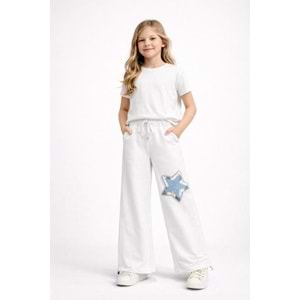Yıldız Aplikeli Kız Çocuk Geniş Paça Eşofman Altı - BEYAZ - 10 YAŞ