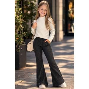 Kız Çocuk İspanyol Paça Simli Kumaş Siyah Renk Tayt - Pantolon - SİYAH - 4-5 YAŞ