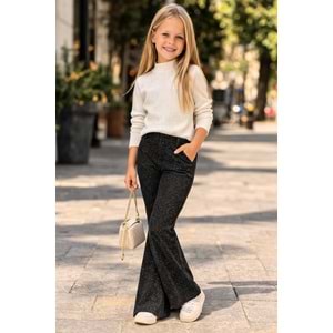 Kız Çocuk İspanyol Paça Simli Kumaş Siyah Renk Tayt - Pantolon - SİYAH - 4-5 YAŞ