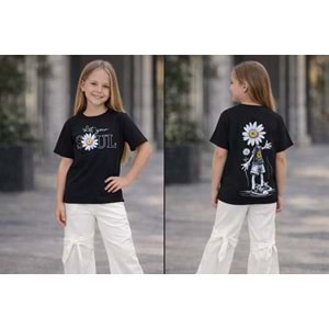 Kız Çocuk Papatya Sırt Baskı Detaylı T-Shirt Yeni Sezon - SİYAH - 11 YAŞ