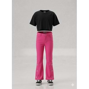 Kız Çocuk ispanyol Paça Çıtçıt Kapama Detaylı Yeşil Renk Pantolon - PEMBE - 10 YAŞ