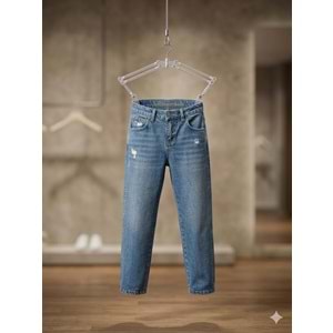 Erkek Çocuk Taşlamalı Yırtık Detaylı Denim - Kot Pantolon Lazer Kesim - AÇIK MAVİ - 14 YAŞ