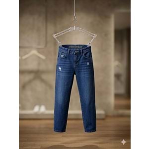 Erkek Çocuk Taşlamalı Yırtık Detaylı Denim - Kot Pantolon Lazer Kesim - BLUE JEAN - 11 YAŞ