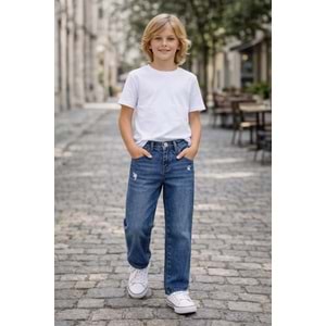 Erkek Çocuk Taşlamalı Yırtık Detaylı Denim - Kot Pantolon Lazer Kesim - BLUE JEAN - 11 YAŞ
