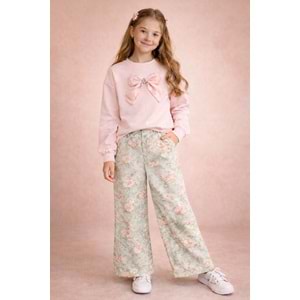 Kız Çocuk Soft Pembe Renk Yumoş Kumaş Fiyonk Detay Sweatshirt - PASTEL PEMBE - 10 YAŞ