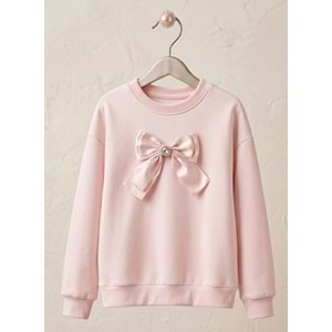 Kız Çocuk Soft Pembe Renk Yumoş Kumaş Fiyonk Detay Sweatshirt - PASTEL PEMBE - 10 YAŞ