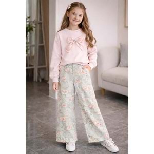 Kız Çocuk Soft Pembe Renk Yumoş Kumaş Fiyonk Detay Sweatshirt - PASTEL PEMBE - 10 YAŞ