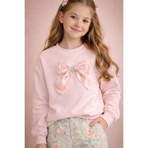 Kız Çocuk Soft Pembe Renk Yumoş Kumaş Fiyonk Detay Sweatshirt - PASTEL PEMBE - 10 YAŞ