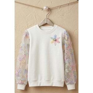 Garden Bloom Organze Kollu Kız Çocuk Sweatshirt - BEYAZ - 10 YAŞ