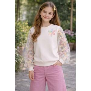 Garden Bloom Organze Kollu Kız Çocuk Sweatshirt - BEYAZ - 10 YAŞ