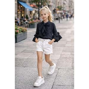 Kız Çocuk Elegant Kurdele Yaka Müslin Bluz Fırfır Kol Detaylı - SİYAH - 3-4 YAŞ