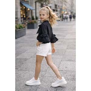 Kız Çocuk Elegant Kurdele Yaka Müslin Bluz Fırfır Kol Detaylı - SİYAH - 3-4 YAŞ