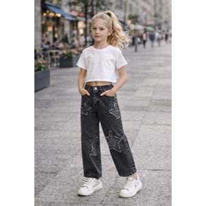 Yıldız Detaylı Siyah Yıkama - Taşlamalı Jean Pantolon - Cool / Trend Model - SİYAH - 10-11 YAŞ