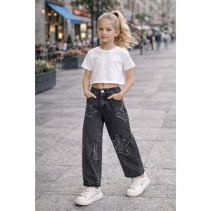 Yıldız Detaylı Siyah Yıkama - Taşlamalı Jean Pantolon - Cool / Trend Model - SİYAH - 10-11 YAŞ
