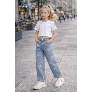 Kelebek İşlemeli Taş Detalı Açık Mavi Wide Leg Jean Pantolon - AÇIK MAVİ - 12-13 YAŞ