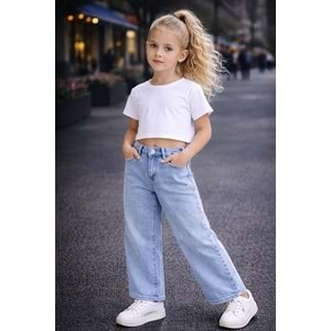 Kız Çocuk Wide Leg Parıltı - Taş Detaylı Kot Pantolon - Jeans - AÇIK MAVİ - 10-11 YAŞ
