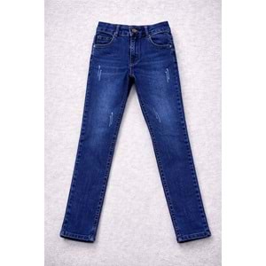 Erkek Çocuk Likralı Taşlamalı Denim Kot Pantolon / Jeans Koyu Mavi - LACİVERT - 9 YAŞ