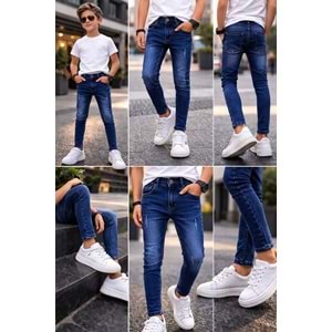 Erkek Çocuk Likralı Taşlamalı Denim Kot Pantolon / Jeans Koyu Mavi - LACİVERT - 9 YAŞ