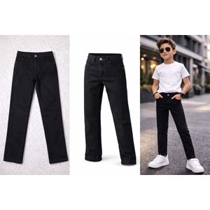 Erkek Çocuk Likralı Siyah Renk Taşlamalı Denim Kot Pantolon