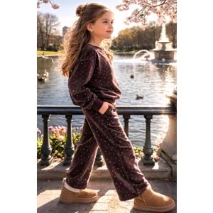 Choco Glow Taş Detay Alt Üst Takım - KAHVERENGİ - 11-12 YAŞ