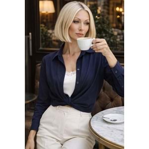 Bodyform Premium İç Dantel 2 Parça Görünümlü Bel Detaylı Gömlek - LACİVERT - L