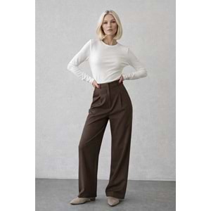 Mocha Signature High Waist Wide Leg Dökümlü Şehir Stili Pantolon - KAHVERENGİ - L