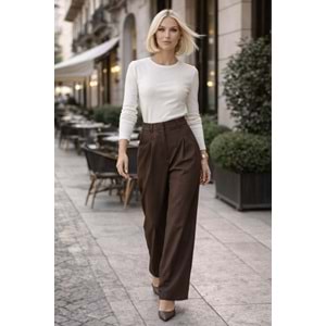 Mocha Signature High Waist Wide Leg Dökümlü Şehir Stili Pantolon - KAHVERENGİ - L