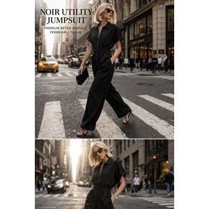 Şehirde Tek Parça Güç Fermuarlı Kemerli Tulum - SİYAH - L