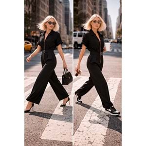 Şehirde Tek Parça Güç Fermuarlı Kemerli Tulum - SİYAH - L